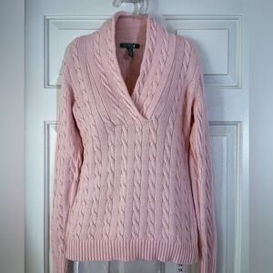 Lauren Ralph Lauren Light Pink V-Neck Cable Knit Sweater sz: Small Petite S/P